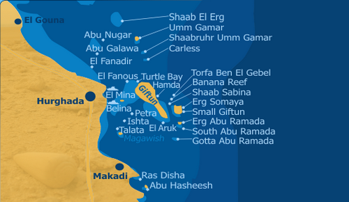 Mapa potápěčských lokalit v Hurghadě